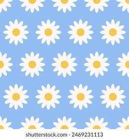 Camomila margarita blanca. Linda planta de flores. Abstractas patrón sin costuras Diseño de fondo retro para textil, papel de embalaje, cubiertas. Ilustración cuadrada de Vector aislada sobre fondo azul para sstksummer