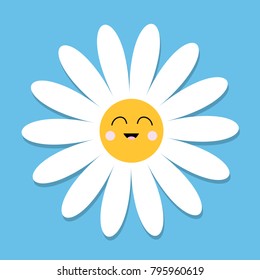 White daisy chamomile with face head. Cute flower plant collection. Love card. Camomile icon. Cute cartoon smiling character. Growing concept. Flat design. Blue background. Vector illustration