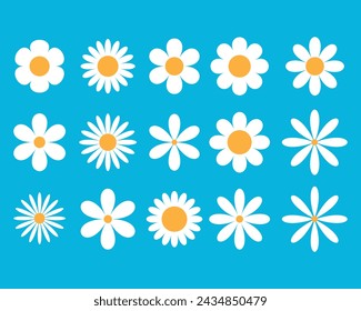 White Daisy chamomile flower icons set, Chamomile big set. Cute round flower plant collection. Flat spring floral elements, Blossom flowers with white petals.