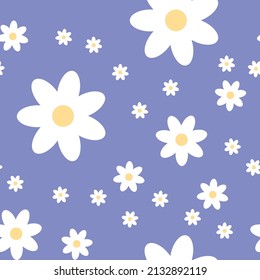 
Modalidad de margarita blanca o flor de camomila. Daisies sobre un fondo azul. Esbozo floral, diseño minimalista a la moda sin fisuras para el diseño textil, papel tapiz de empaque. Vector que repite elementos florales.