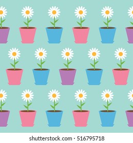 White daisy chamomile flower in pot. Camomile Seamless Pattern Wrapping paper, textile template. Blue background. Flat design. Vector illustration.
