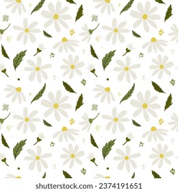 White daisy chamomile flowers. Chamomile vector seamless pattern. Cute round flower head plant nature collection. Decoration element. Flat design for cards, packaging, prints, textile.