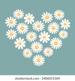 White daisy chamomile heart. Camomile icon set. Cute hand drawn abstract flower plant collection. Growing concept. Valentines Day. Love card sign symbol. Flat design. Green background Isolated. Vector