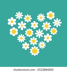 White daisy chamomile heart. Camomile icon set. Valentines Day. Cute hand drawn abstract flower plant collection. Growing concept. Love card sign symbol. Flat design. Isolated. Green background Vector