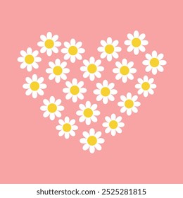Coração de camomila branca. Dia dos Namorados. Conjunto de ícones de camomila. Coleção de flores abstrata desenhada à mão bonita. Conceito crescente. Símbolo de sinal de cartão de amor. Design plano. Isolado. Fundo rosa. Vetor