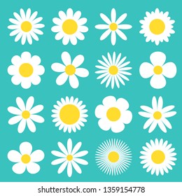 White Daisy Chamomile Icon. Camomile Super Big Set. Cute Round Flower Head Plant Collection. Love Card Symbol. Growing Concept. Flat Design. Green Background. Isolated. Vector Illustration