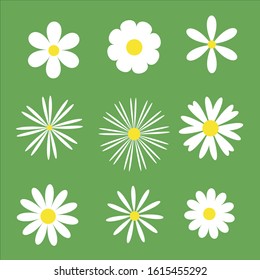 White daisy chamomile icon. Camomile super big set. Cute round flower head plant collection. Love card symbol. Growing concept. Flat design. Green background. Isolated. Vector illustration