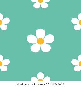 White daisy chamomile icon. Cute flower plant collection. Growing concept. Seamless Pattern Wrapping paper textile template. Green background. Vector illustration