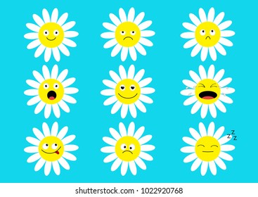 White Daisy Chamomile Icon Emoji Set Set. Funny Kawaii Cartoon Characters. Emotion Collection. Happy, Surprised, Smiling Crying Sad Angry Face Head. Camomile Flower Flat Design. Blue Background Vector