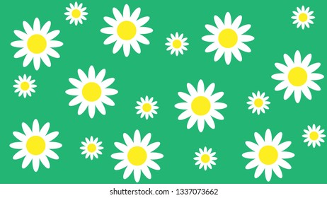 white daisy chamomile icon. Flat design. Green background vector illustration.