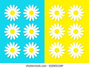 White daisy chamomile icon set. Cute flower plant collection. Love card. Camomile Growing concept. Flat design. Bright blue yellow background. Isolated. Vector illustration