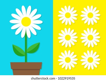 White daisy chamomile icon set. Flower pot. Cute plant collection. Love card. Camomile Growing concept. Flat design. Bright blue yellow background. Template Isolated. Vector illustration