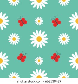 White daisy chamomile. Red butterfly insect. Cute flower plant collection. Camomile icon  Vector