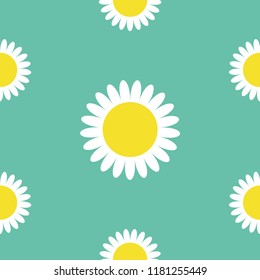 White daisy chamomile round icon. Cute flower plant collection. Growing concept. Seamless Pattern Wrapping paper textile template. Green background. Vector illustration