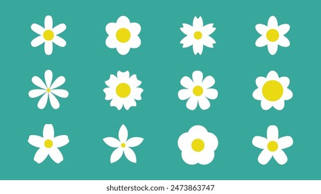 White Daisy chamomile set. White camomile icon. Cute round flower head plant collection. Love card symbol. Growing concept. Childish style. Simple shape. Flat design. Isolated. Green background Vector