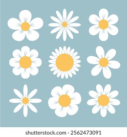 White daisy chamomile set. Camomile icons. Cute round flower head plant collection. Love card symbol. Growing concept. Simple flat design. Nature childish style. Isolated. Blue background. Vector