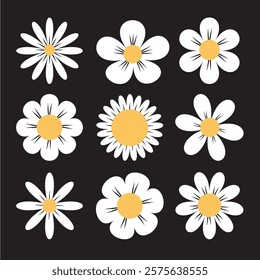 White daisy chamomile set. Camomile icons. Cute round flower head plant collection. Growing concept. Love card symbol. Nature childish style. Simple flat design. Isolated Black background. Vector