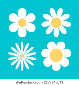 White daisy chamomile set. Camomile icon. Cute round flower head plant collection. Love card symbol. Growing concept. Simple flat design. Nature sign. Childish style. Isolated. Blue background. Vector