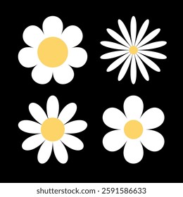 White daisy chamomile set. Camomile icon. Cute round flower head plant collection. Growing concept. Love card symbol. Simple flat design. Nature sign. Childish style. Black background. Vector