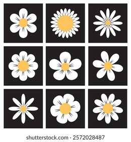 White daisy chamomile set. Cute round flower head plant collection. Camomile square icons. Love card symbol. Growing concept. Simple flat design. Nature childish style Isolated Black background Vector