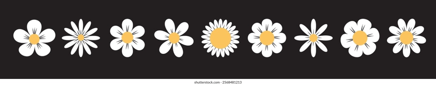 White daisy chamomile set line. Camomile icons. Cute round flower head plant collection. Growing concept. Love card symbol. Simple flat design. Nature childish style. Isolated Black background. Vector