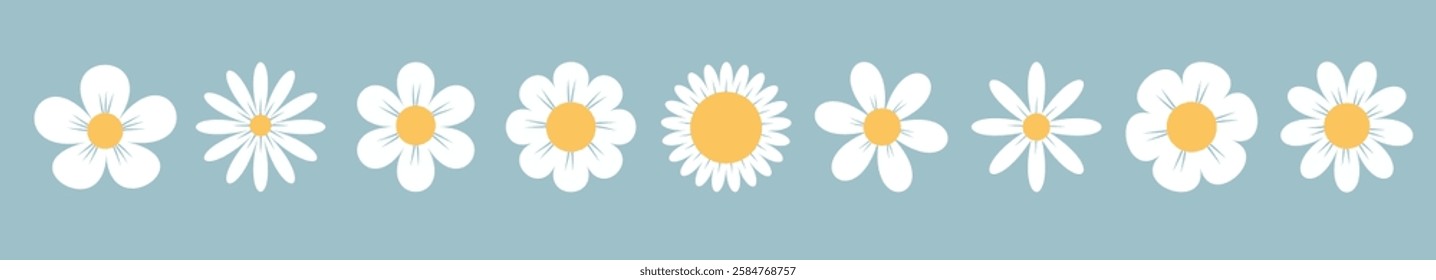 White daisy chamomile set line. Camomile icons. Cute round flower head plant collection. Love card symbol. Growing concept. Simple flat design. Nature childish style. Isolated. Blue background. Vector