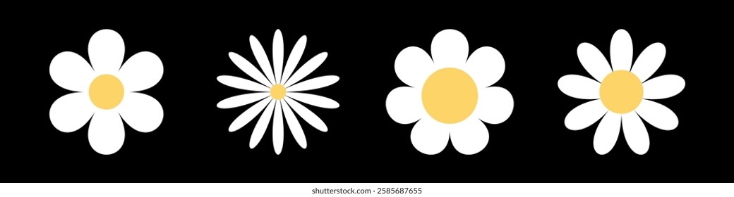 White daisy chamomile set line. Camomile icon. Cute round flower head plant collection. Growing concept. Love card symbol. Simple flat design. Nature sign. Childish style. Black background. Vector