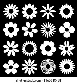 White Daisy Chamomile Silhouette Icon. Camomile Super Big Set. Cute Round Flower Head Plant Collection.  