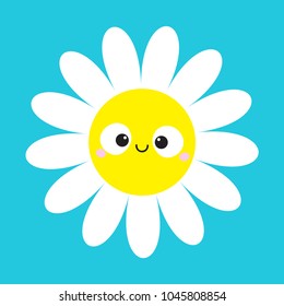 White daisy chamomile with smiling face head. Cute flower plant collection. Love card. Cute cartoon funny character. Camomile icon Growing concept. Flat design. Blue background. Vector illustration
