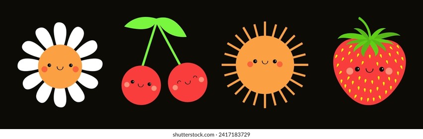 White daisy chamomile, sun shining, cherry, strawberry set. Smiling face head. Camomile icon. Line banner. Love card. Cute cartoon kawaii funny character. Flat design. Black background. Vector