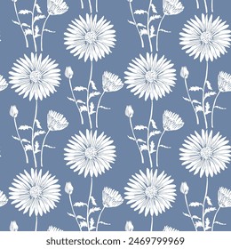 White Daisy drawing in a vector style isolated. Full name of the plant: Daisy. Vector flower for blue background, texture, wrapper pattern, frame or border.