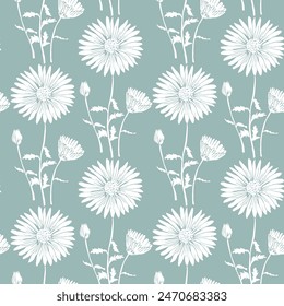 White Daisy drawing in a vector style isolated. Full name of the plant: Daisy. Vector flower for turquoise background, texture, wrapper pattern, frame or border.