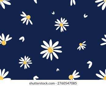 White daisy floral seamless pattern on navy blue background simple elegant design.