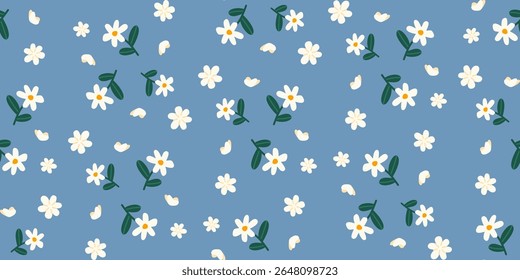 Flor branca margarida e borboletas no fundo azul
