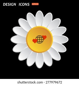 White daisy flower. Flat design style. Icon planet and two red hearts. Symbol of love between the nation. Globe. icon. vector design