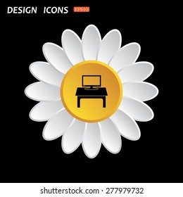 White daisy flower. Flat design style. Computer desk, workplace. icon. vector design