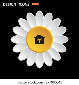 White daisy flower. Flat design style. The house is surrounded by a network wi-fi. icon. vector design