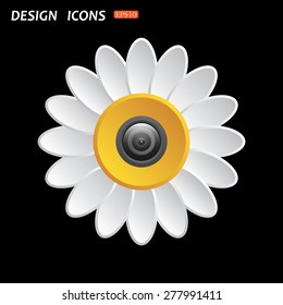 White daisy flower. Flat design style. camera. icon. vector design