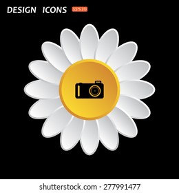 White daisy flower. Flat design style. photo camera. icon. vector design