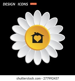 White daisy flower. Flat design style. House with Heart Icon. icon. vector design