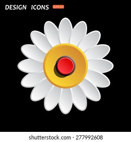 White daisy flower. Flat design style. Red button start, stop. icon. vector design