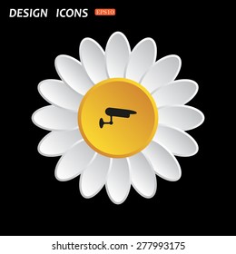 White daisy flower. Flat design style. surveillance Camera. icon. vector design