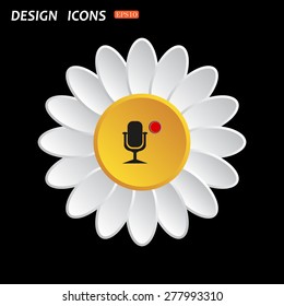 White daisy flower. Flat design style. Microphone. Voice recording. icon. vector design