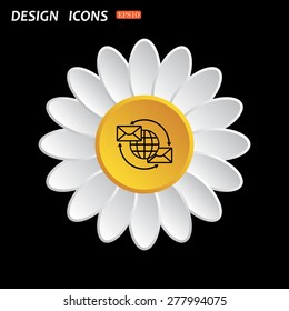 White daisy flower. Flat design style. Internet e-mai, envelope lette, Globe. icon. vector design