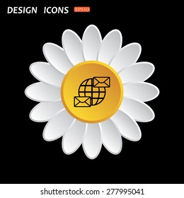 White daisy flower. Flat design style. Internet e-mai, envelope lette, Globe. icon. vector design