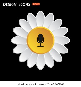 White daisy flower on a black background. Microphone. Voice recording. icon. vector design