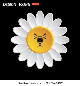 White daisy flower on a black background. Microphone. Voice recording. icon. vector design