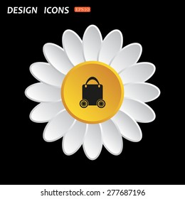 White daisy flower on a black background. bag on wheels. icon. vector design