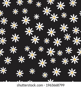 White Daisy flower pattern on black background.Vector illustration seamless design.
