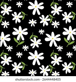 Patrón de flor de margarita blanca sobre fondo negro para diseños decorativos de primavera o verano.